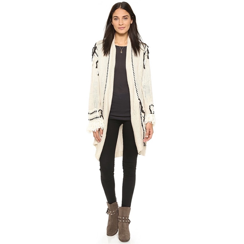 For Love and Lemons Knitz Denver Cardigan Sweater Chunky Knit Fringe Ivory - Picture 8 of 16